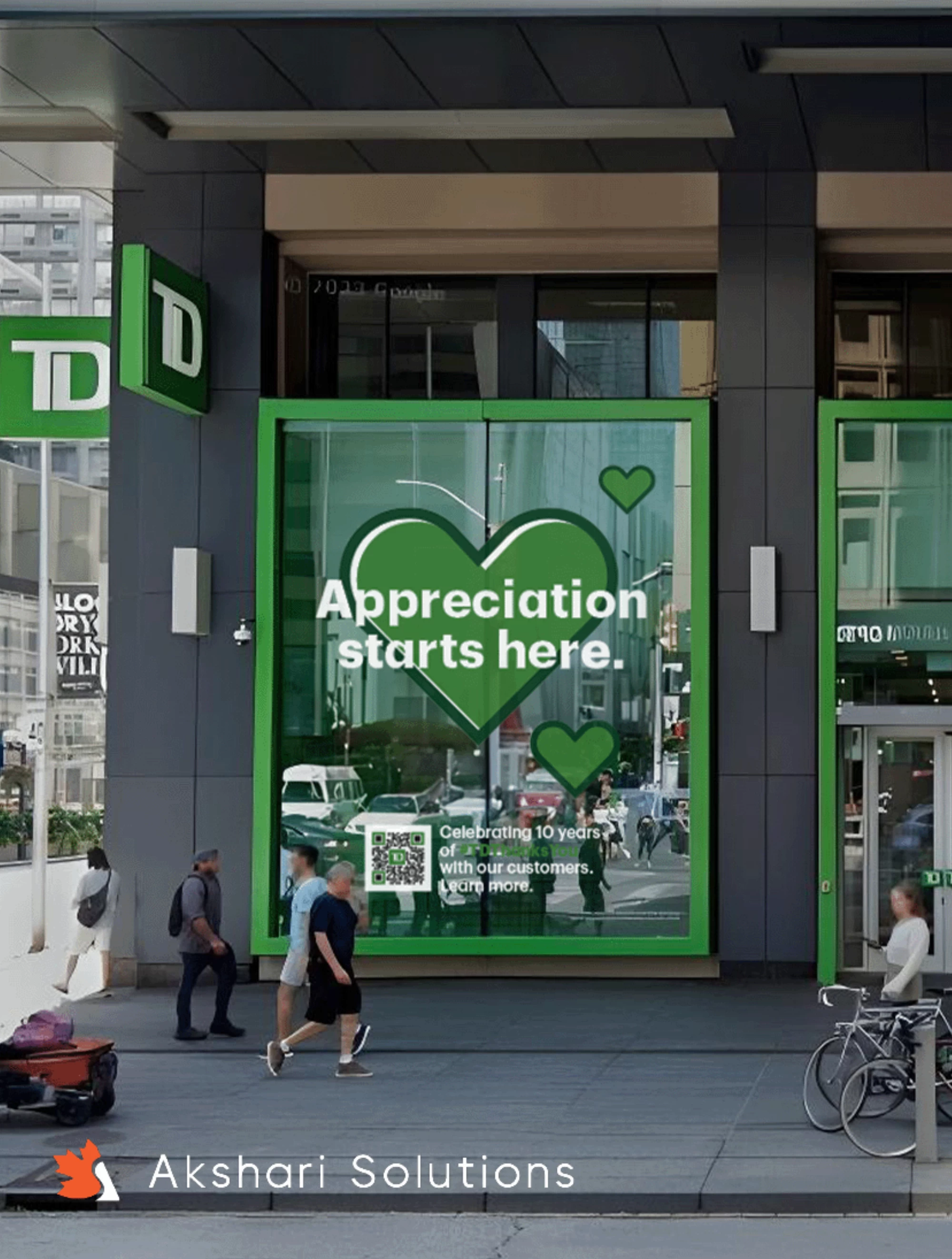 Branch window with window cling facing public walk way