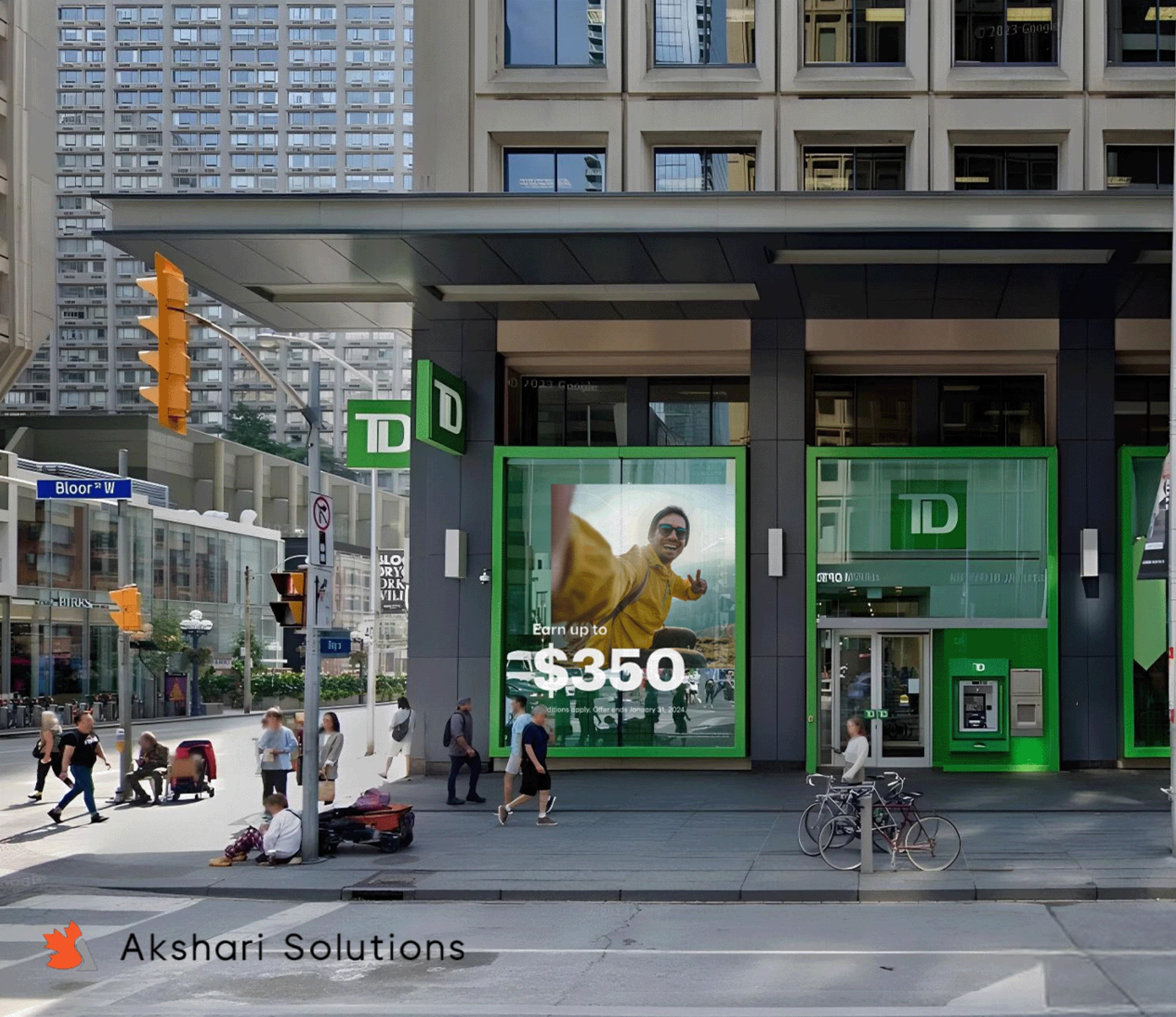 Branch window with window cling facing public walk way