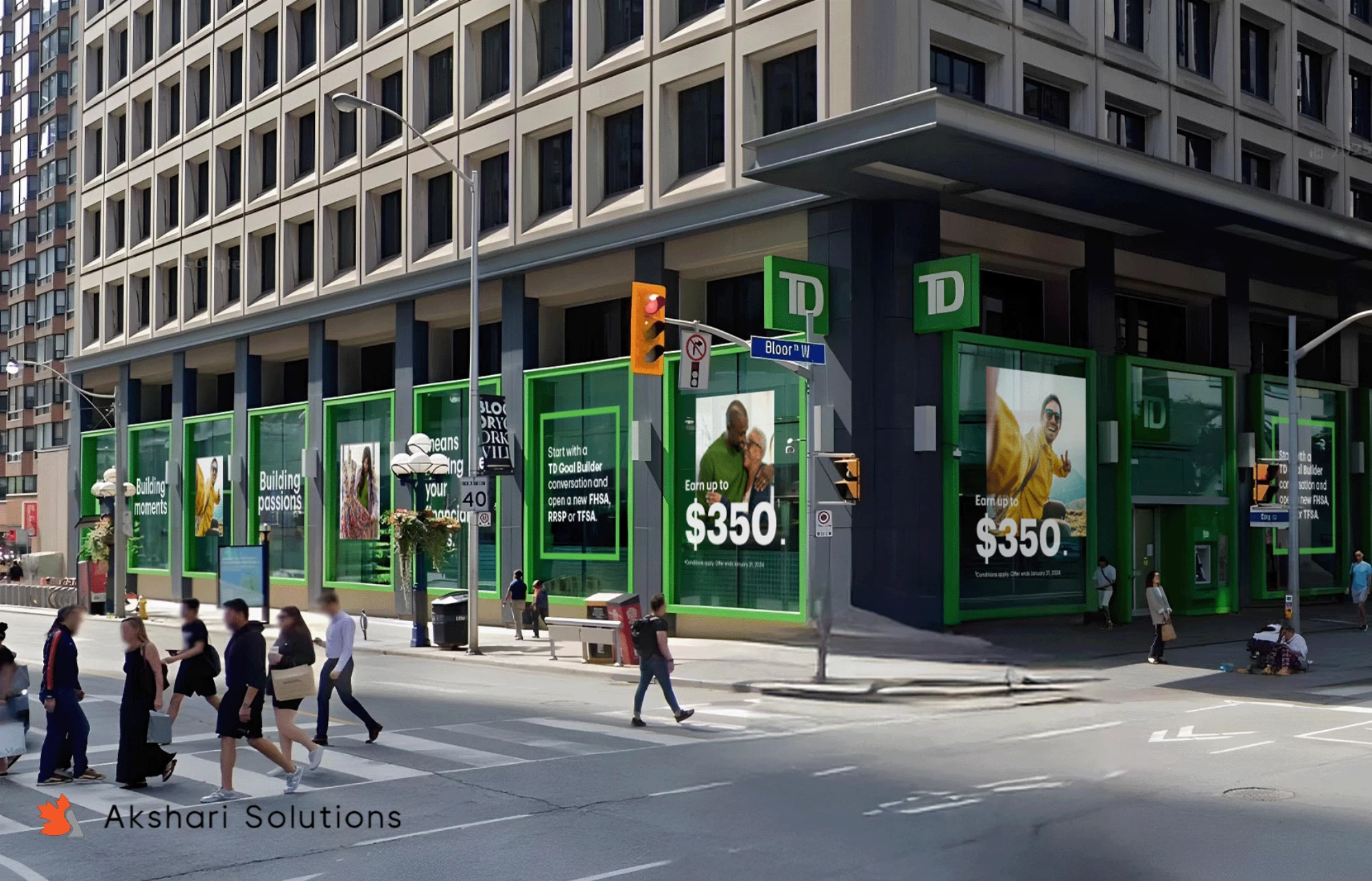 All windows of branch covered with Clings facing public walk way
